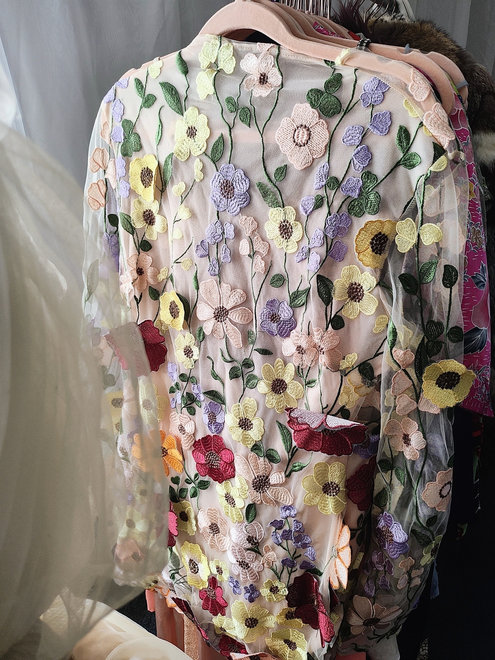 Sheer Embroidered Floral Long-Sleeve Top - Pink